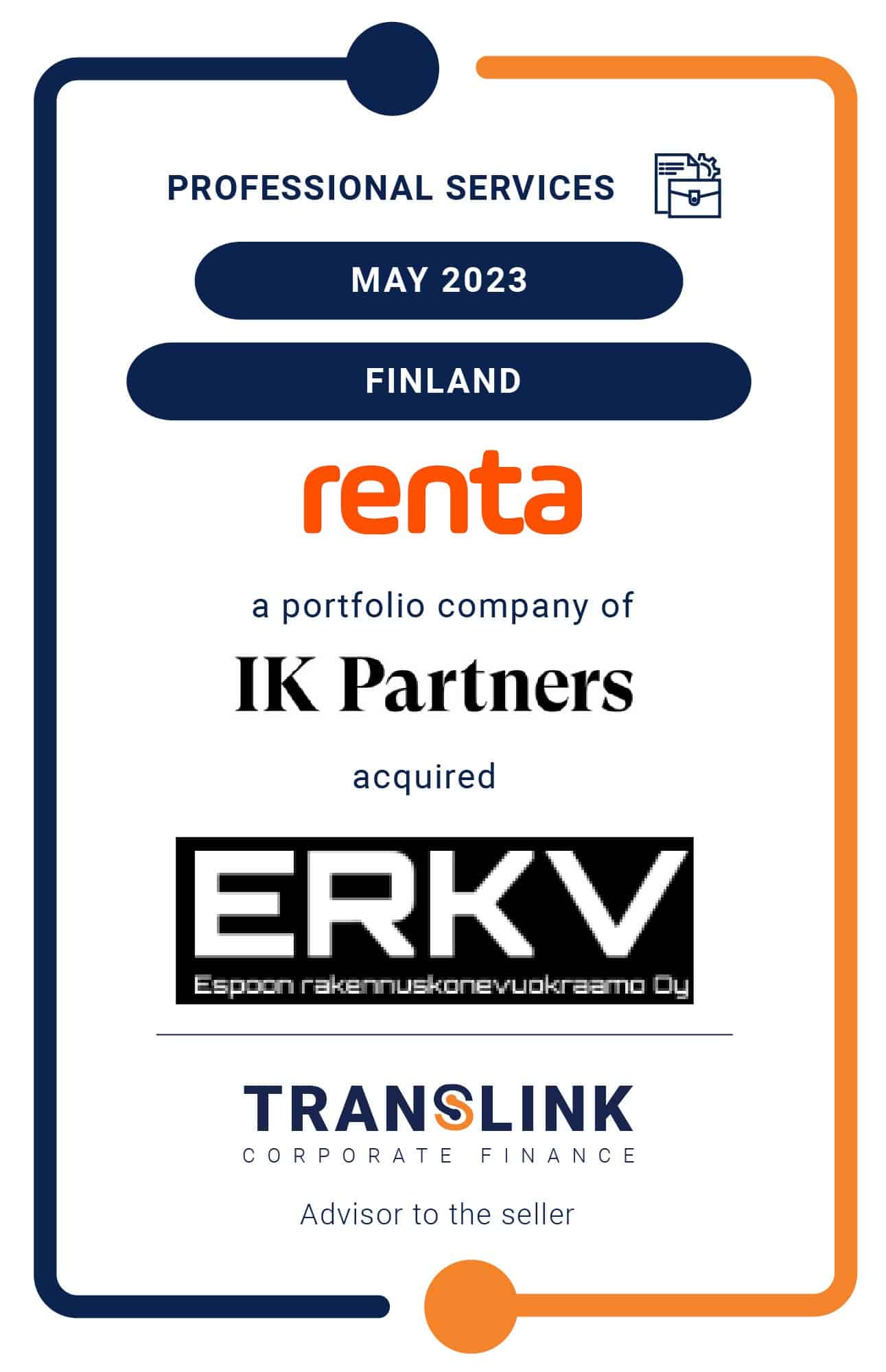 Translink Advised The Shareholders Of Espoon Rakennuskonevuokraamo Oy On The Sale To Renta Group, A Portfolio Company Of IK Partners