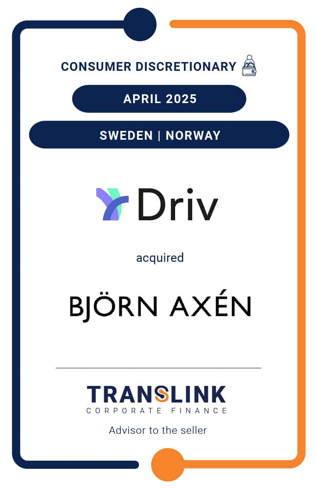 Translink Corporate Finance acted as the advisor to Björn Axén on the sale of Björn Axén Retail to Driv Kapital