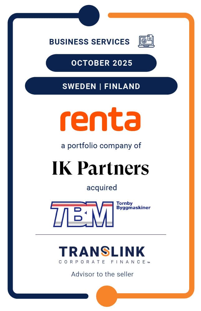 Translink Corporate Finance acted as the advisor to Tornby Byggmaskiner in the sale to Renta, a portfolio company of IK Partners